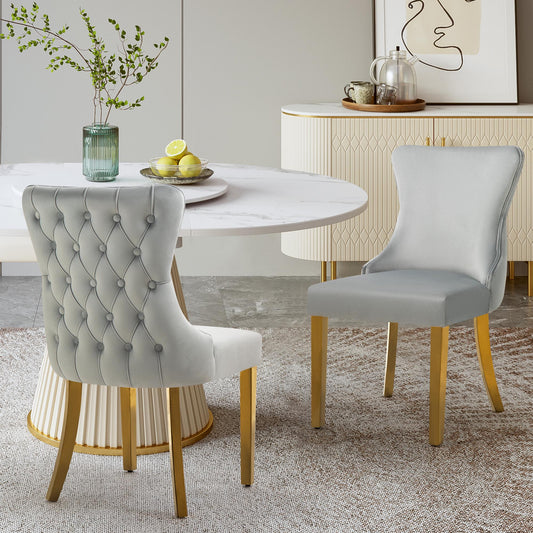 Paris Light Grey Velvet  & Gold Polished Steel Upholstered Dining Chairs Tufted Back - Set of 2